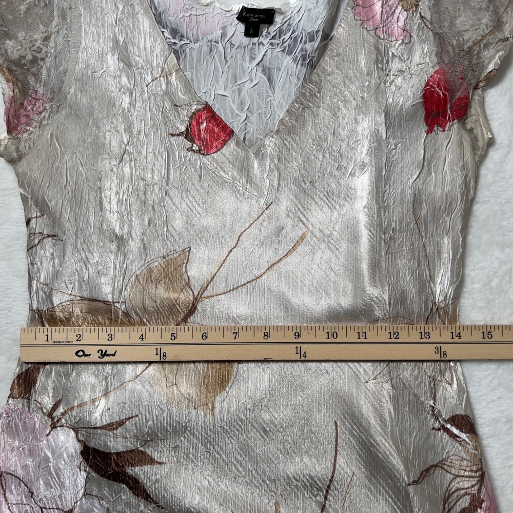 Komarov Satin Crinkle Mesh Lace V-Neck Dress Women Sz L Cream Floral Cap Sleeve - Picture 8 of 9